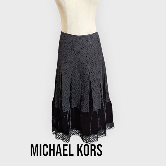 Michael Kors Dresses & Skirts - Michael Kors Black Eyelet and Velvet Goth Boho Midi Skirt NWT